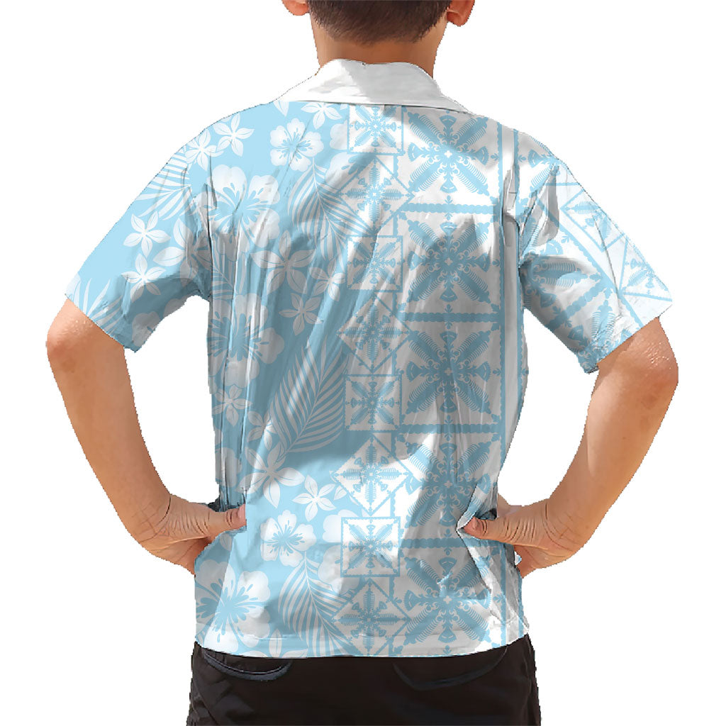 Pastel Blue Kahili Quilt Hawaii Family Matching Short Sleeve Bodycon Dress and Hawaiian Shirt Tropical Flower Seamless Half Style