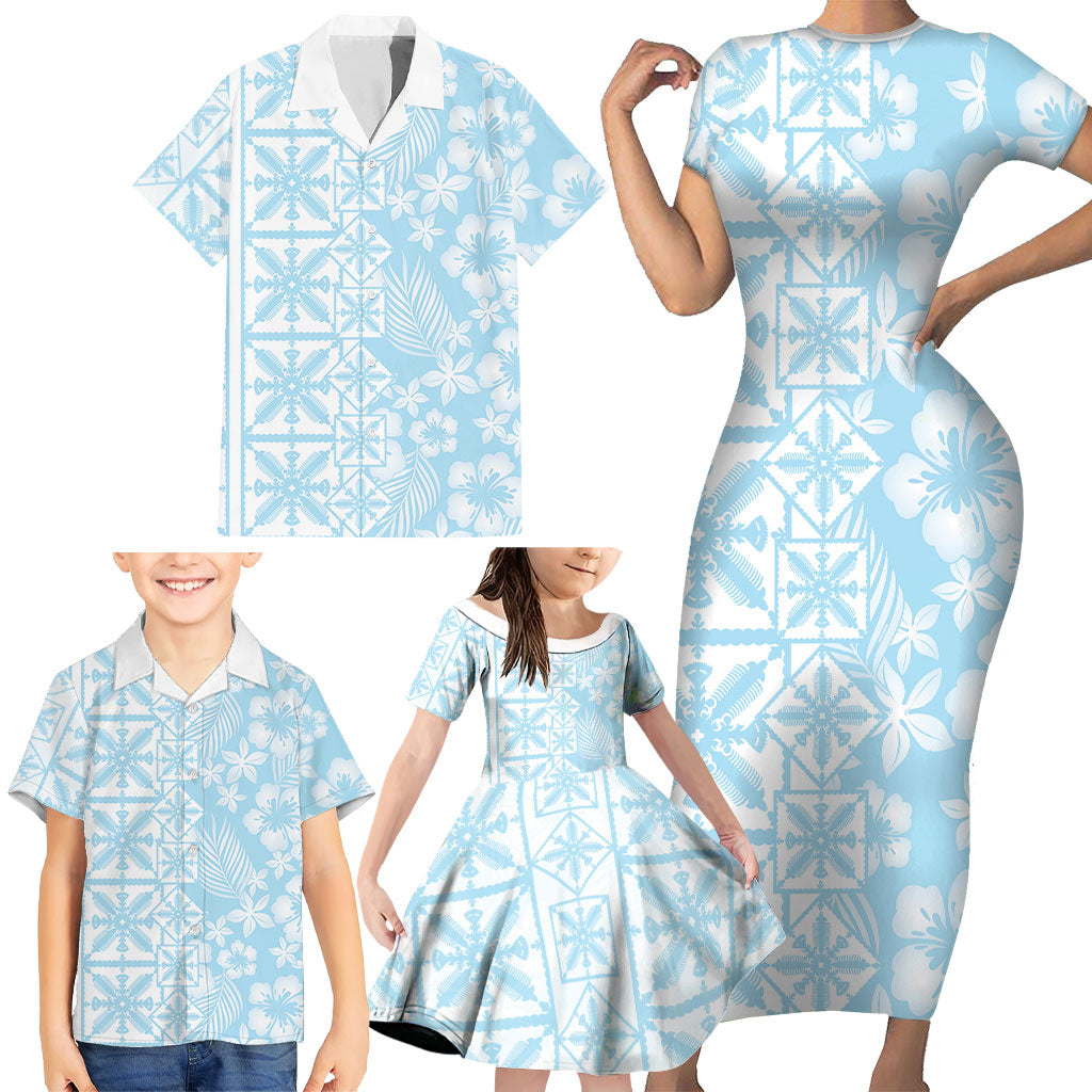 Pastel Blue Kahili Quilt Hawaii Family Matching Short Sleeve Bodycon Dress and Hawaiian Shirt Tropical Flower Seamless Half Style