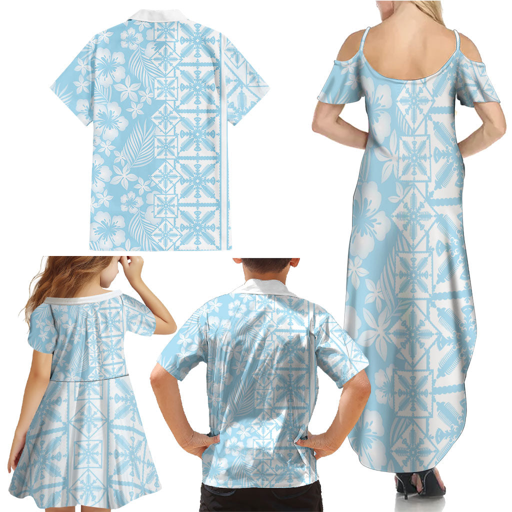 Pastel Blue Kahili Quilt Hawaii Family Matching Summer Maxi Dress and Hawaiian Shirt Tropical Flower Seamless Half Style