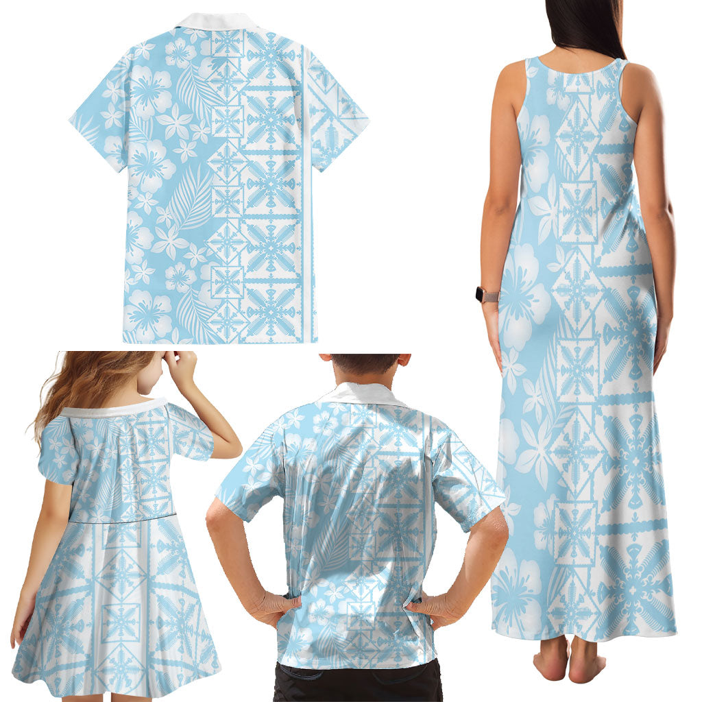 Pastel Blue Kahili Quilt Hawaii Family Matching Tank Maxi Dress and Hawaiian Shirt Tropical Flower Seamless Half Style