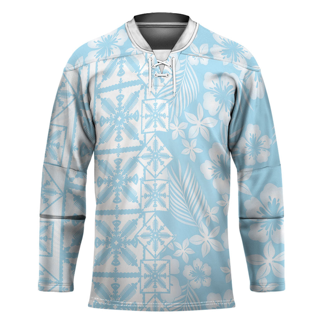 Pastel Blue Kahili Quilt Hawaii Hockey Jersey Tropical Flower Seamless Half Style