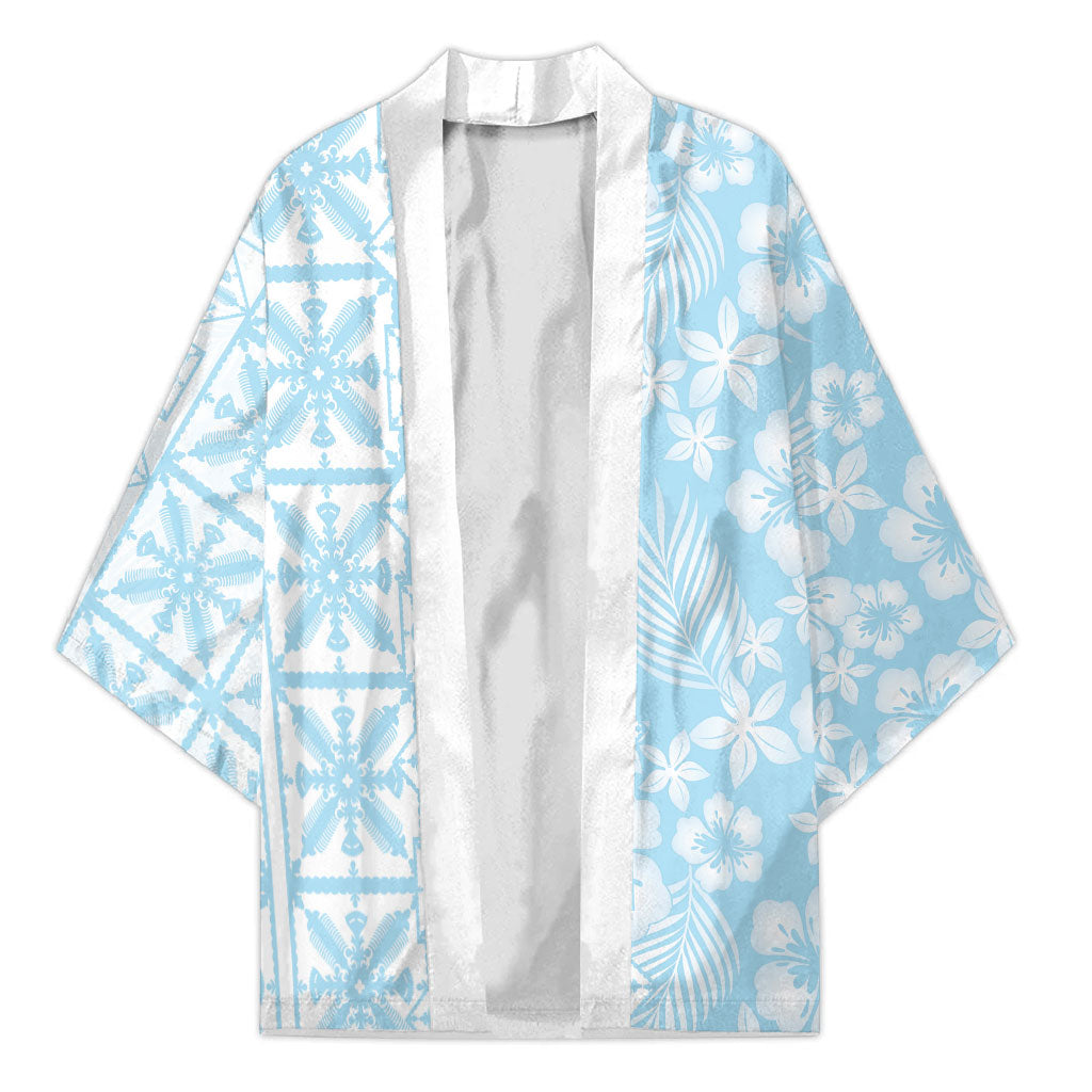 Pastel Blue Kahili Quilt Hawaii Kimono Tropical Flower Seamless Half Style