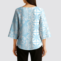 Pastel Blue Kahili Quilt Hawaii Kimono Sleeve Blouse Tropical Flower Seamless Half Style