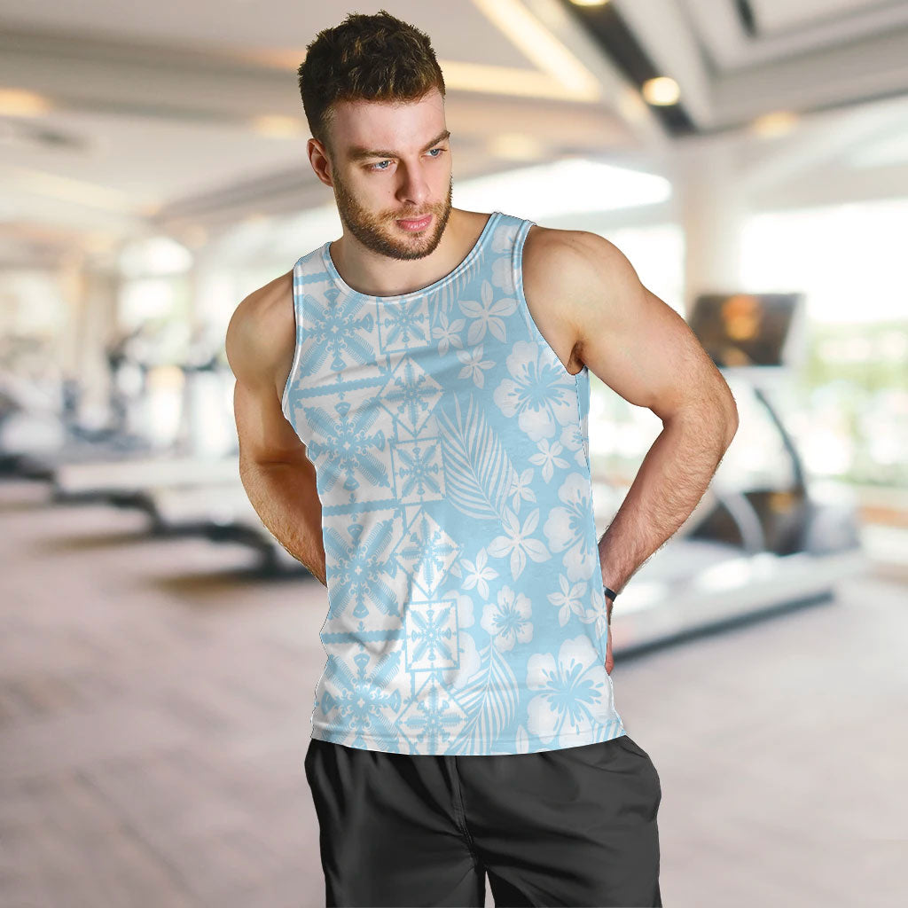 Pastel Blue Kahili Quilt Hawaii Men Tank Top Tropical Flower Seamless Half Style