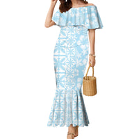 Pastel Blue Kahili Quilt Hawaii Mermaid Dress Tropical Flower Seamless Half Style