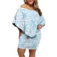 Pastel Blue Kahili Quilt Hawaii Off Shoulder Short Dress Tropical Flower Seamless Half Style