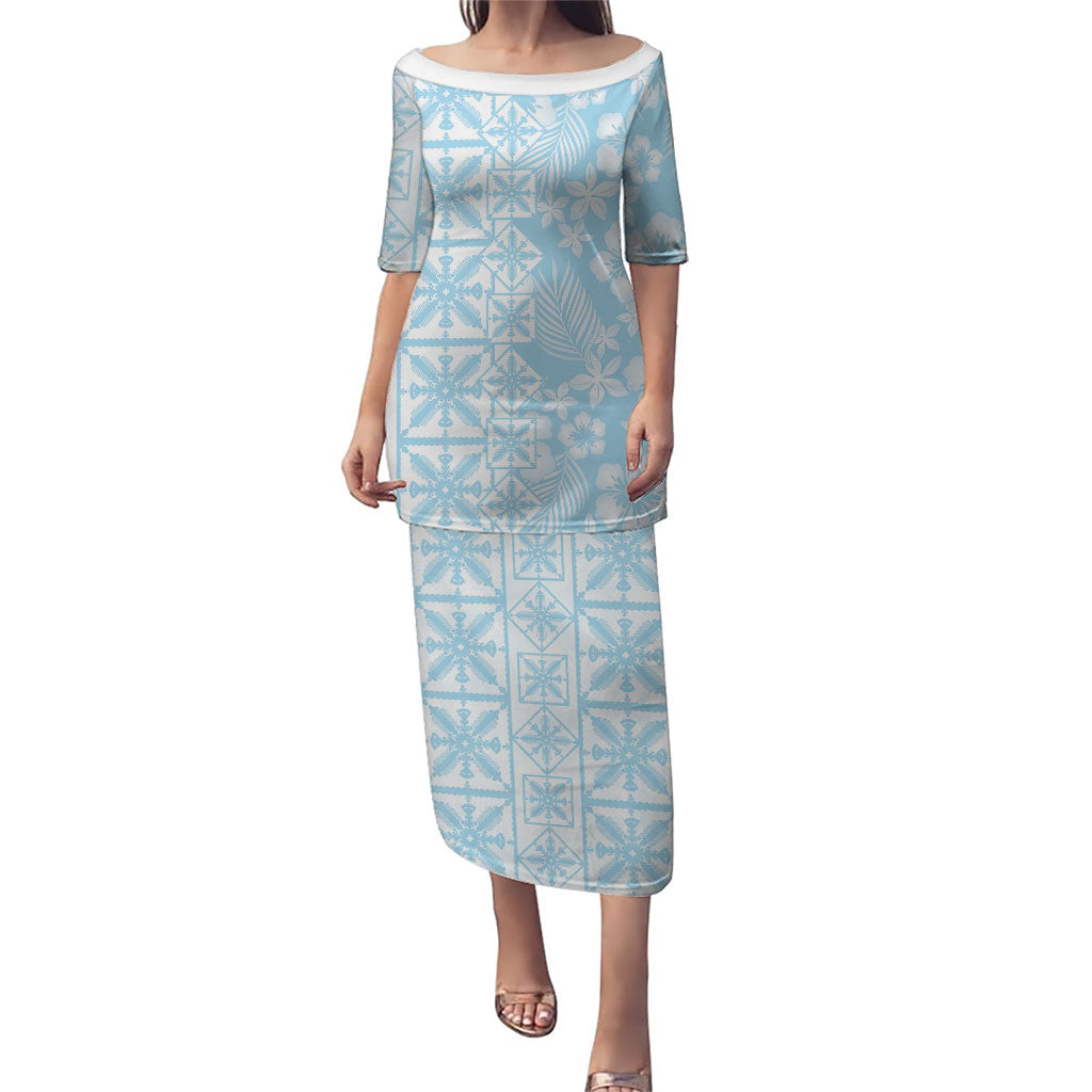 Pastel Blue Kahili Quilt Hawaii Puletasi Tropical Flower Seamless Half Style
