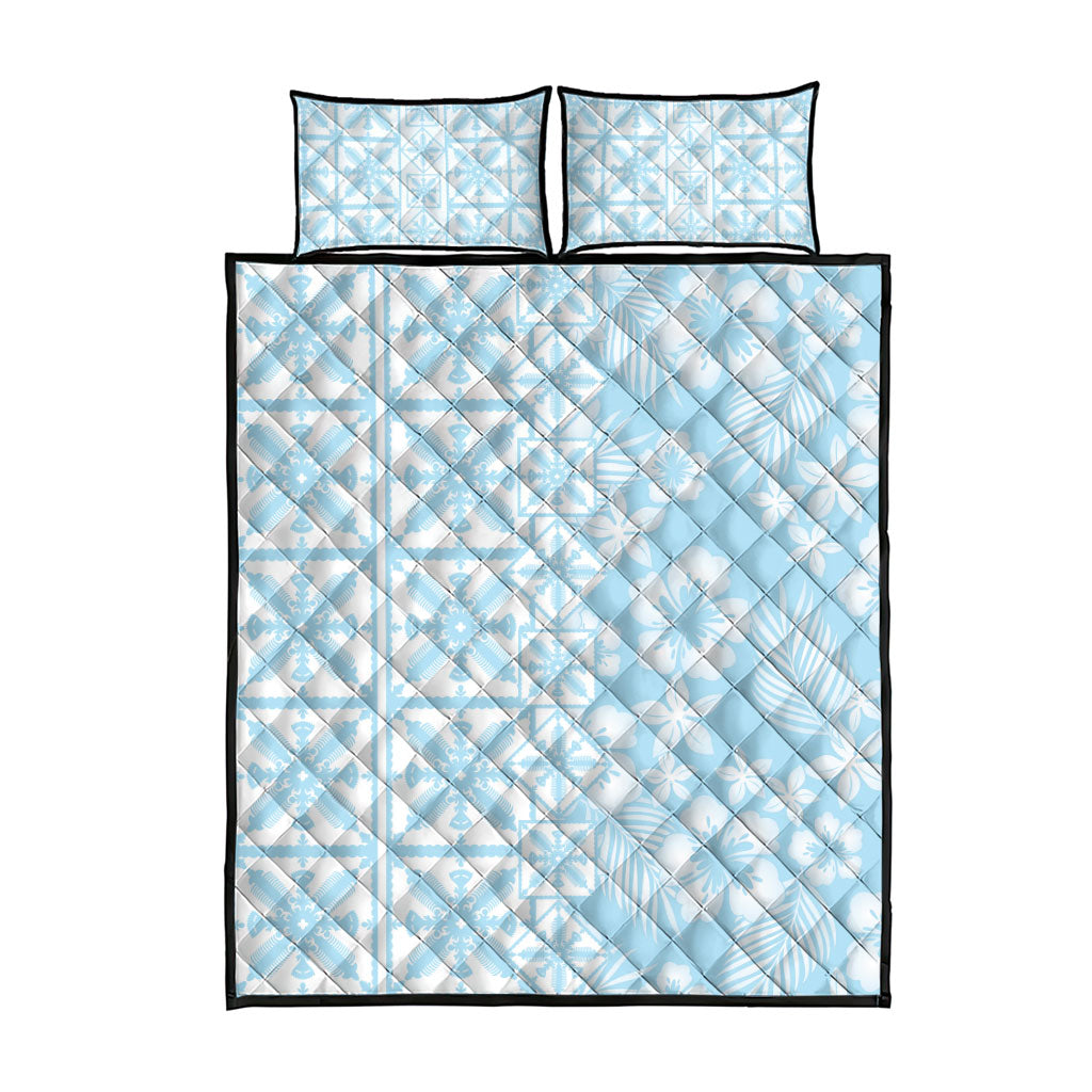 Pastel Blue Kahili Quilt Hawaii Quilt Bed Set Tropical Flower Seamless Half Style
