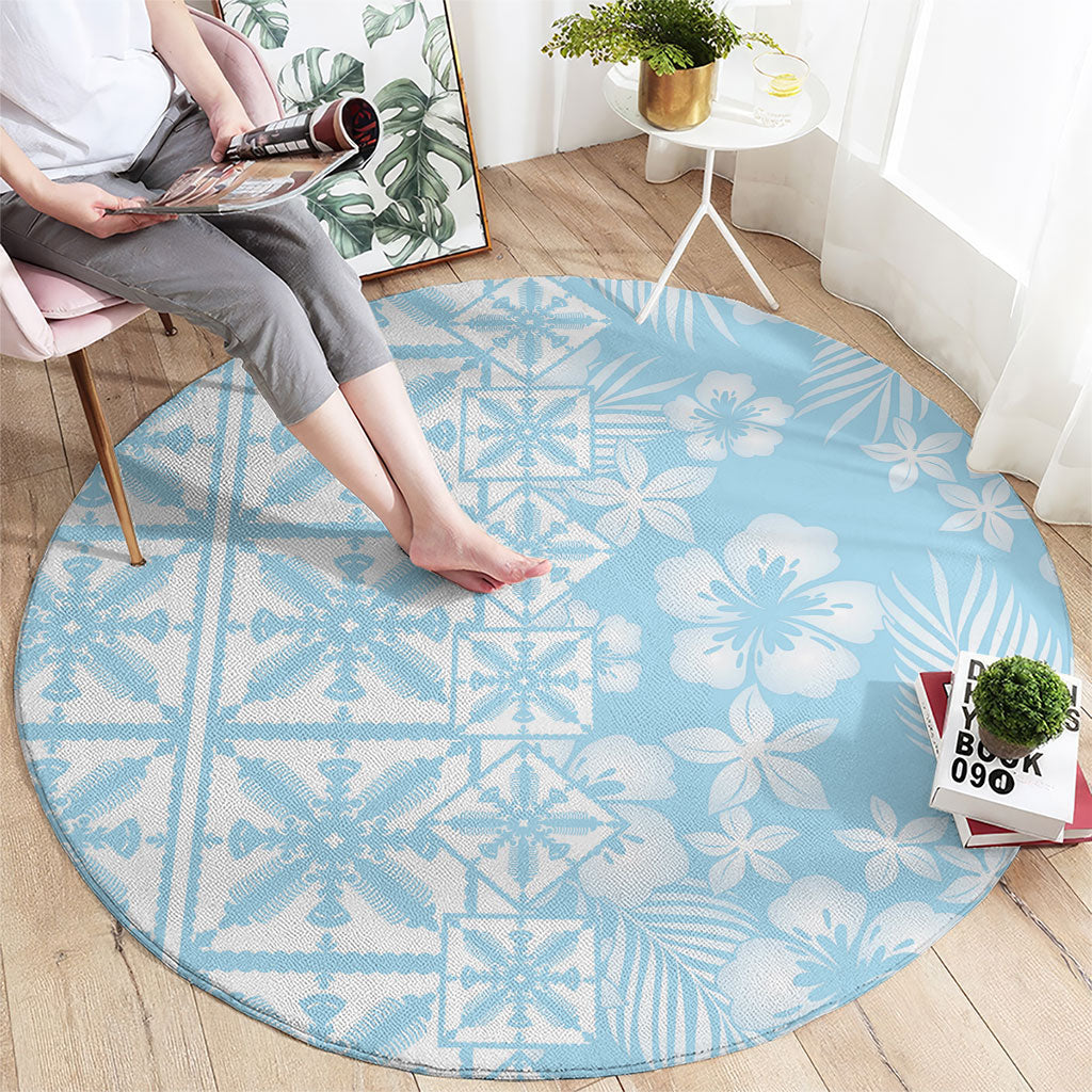Pastel Blue Kahili Quilt Hawaii Round Carpet Tropical Flower Seamless Half Style