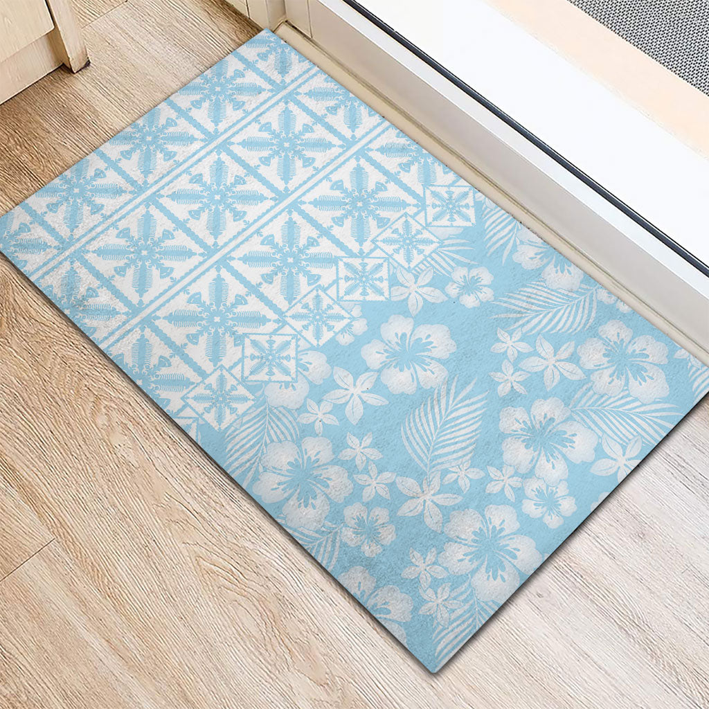 Pastel Blue Kahili Quilt Hawaii Rubber Doormat Tropical Flower Seamless Half Style