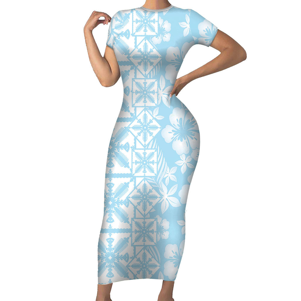 Pastel Blue Kahili Quilt Hawaii Short Sleeve Bodycon Dress Tropical Flower Seamless Half Style