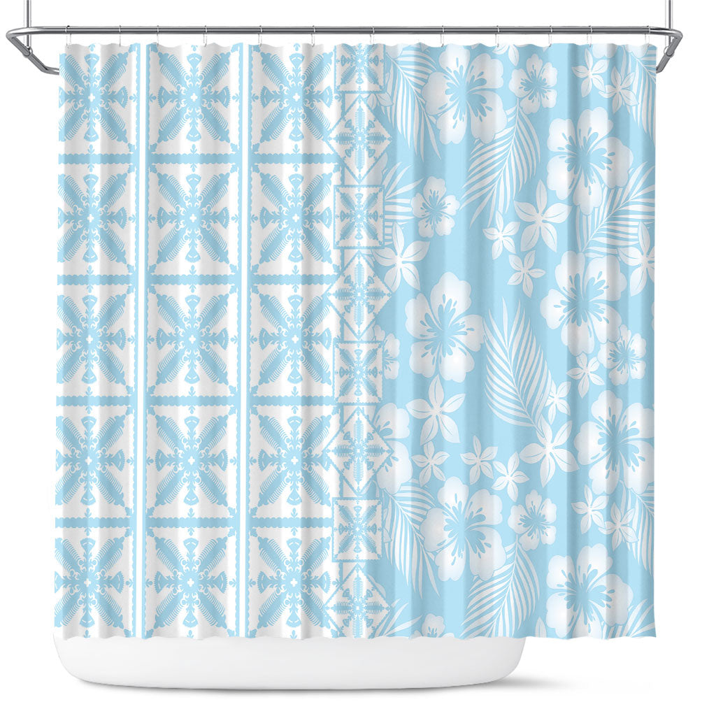 Pastel Blue Kahili Quilt Hawaii Shower Curtain Tropical Flower Seamless Half Style LT14 Blue - Polynesian Pride
