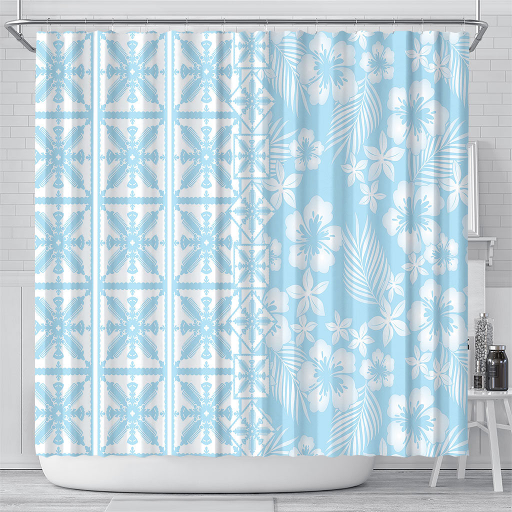 Pastel Blue Kahili Quilt Hawaii Shower Curtain Tropical Flower Seamless Half Style