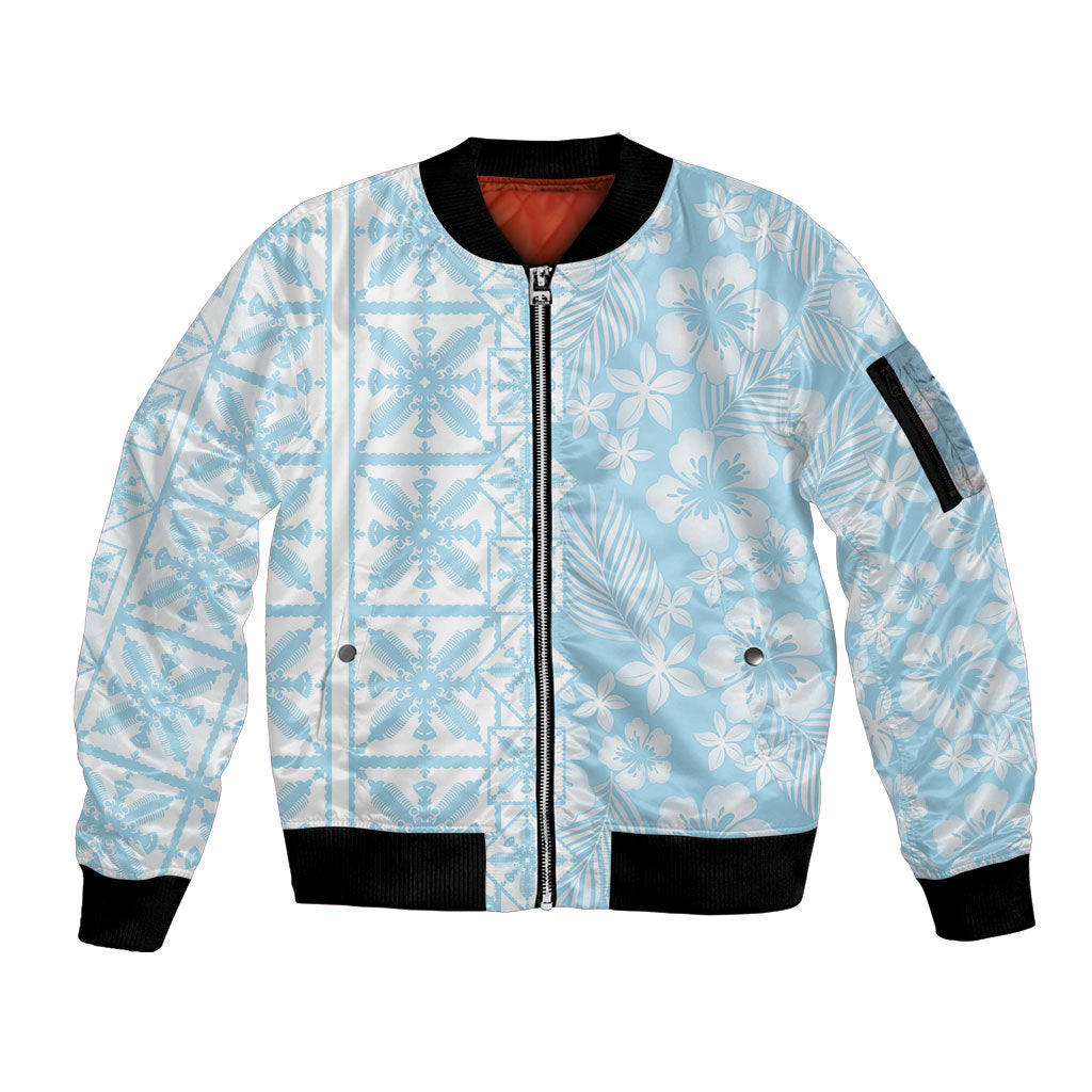 Pastel Blue Kahili Quilt Hawaii Sleeve Zip Bomber Jacket Tropical Flower Seamless Half Style