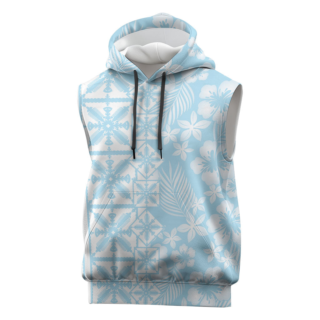 Pastel Blue Kahili Quilt Hawaii Sleeveless Hoodie Tropical Flower Seamless Half Style LT14 Blue - Polynesian Pride