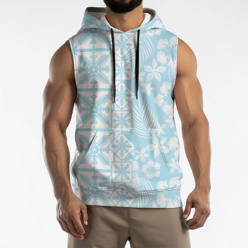 Pastel Blue Kahili Quilt Hawaii Sleeveless Hoodie Tropical Flower Seamless Half Style