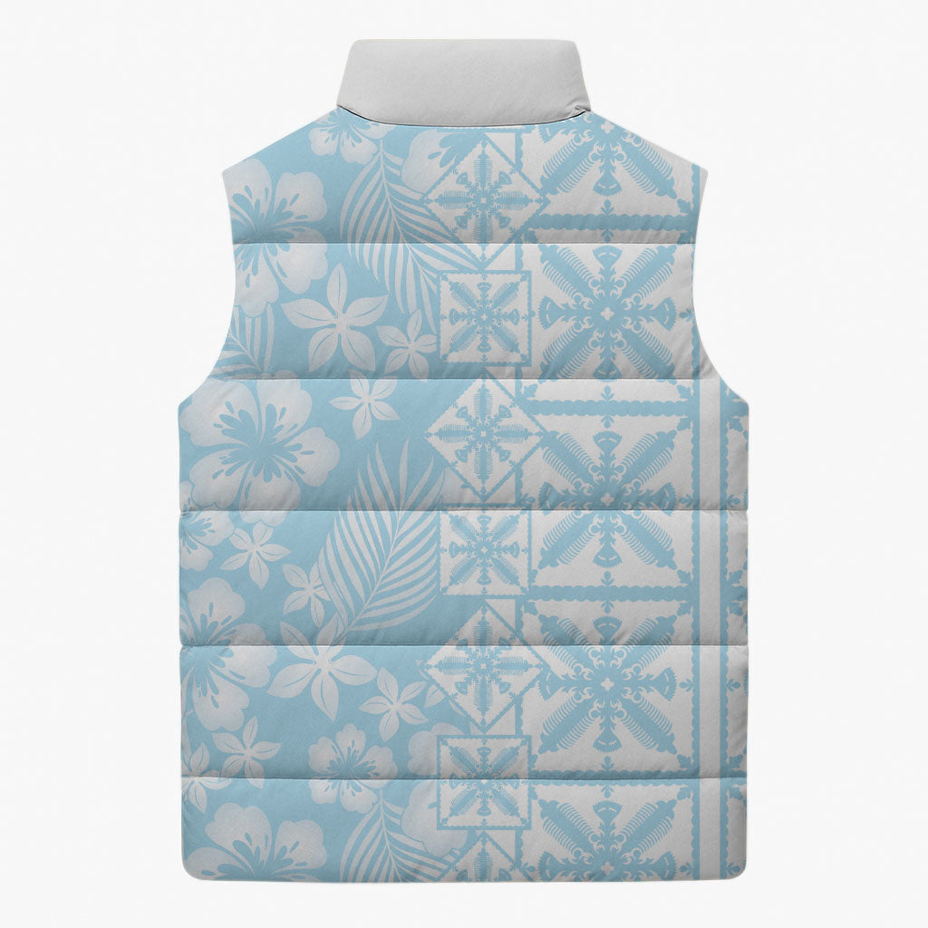 Pastel Blue Kahili Quilt Hawaii Sleeveless Puffer Jacket Tropical Flower Seamless Half Style