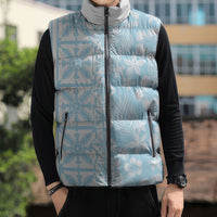 Pastel Blue Kahili Quilt Hawaii Sleeveless Puffer Jacket Tropical Flower Seamless Half Style