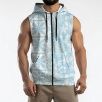 Pastel Blue Kahili Quilt Hawaii Sleeveless Zip Hoodie Tropical Flower Seamless Half Style