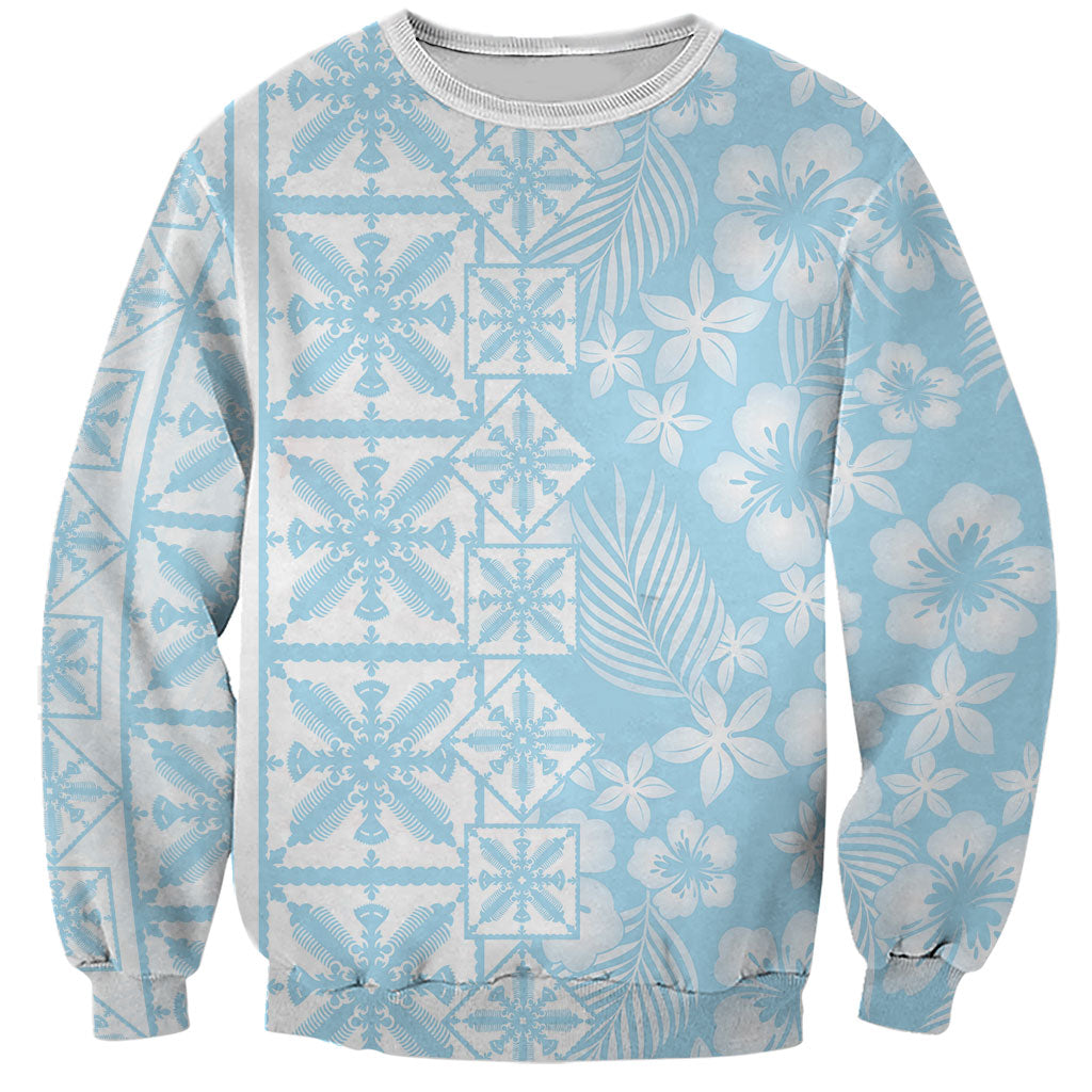 Pastel Blue Kahili Quilt Hawaii Sweatshirt Tropical Flower Seamless Half Style LT14 Unisex Blue - Polynesian Pride