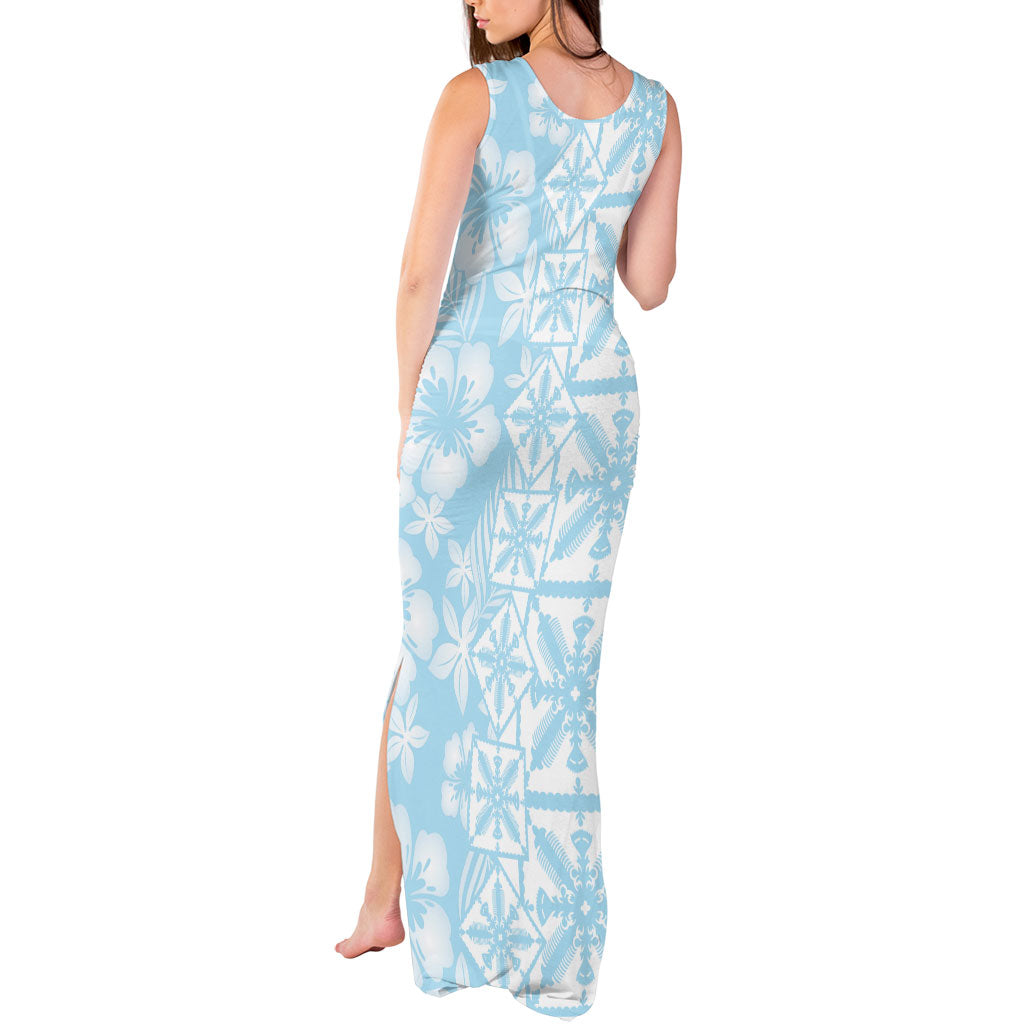 Pastel Blue Kahili Quilt Hawaii Tank Maxi Dress Tropical Flower Seamless Half Style