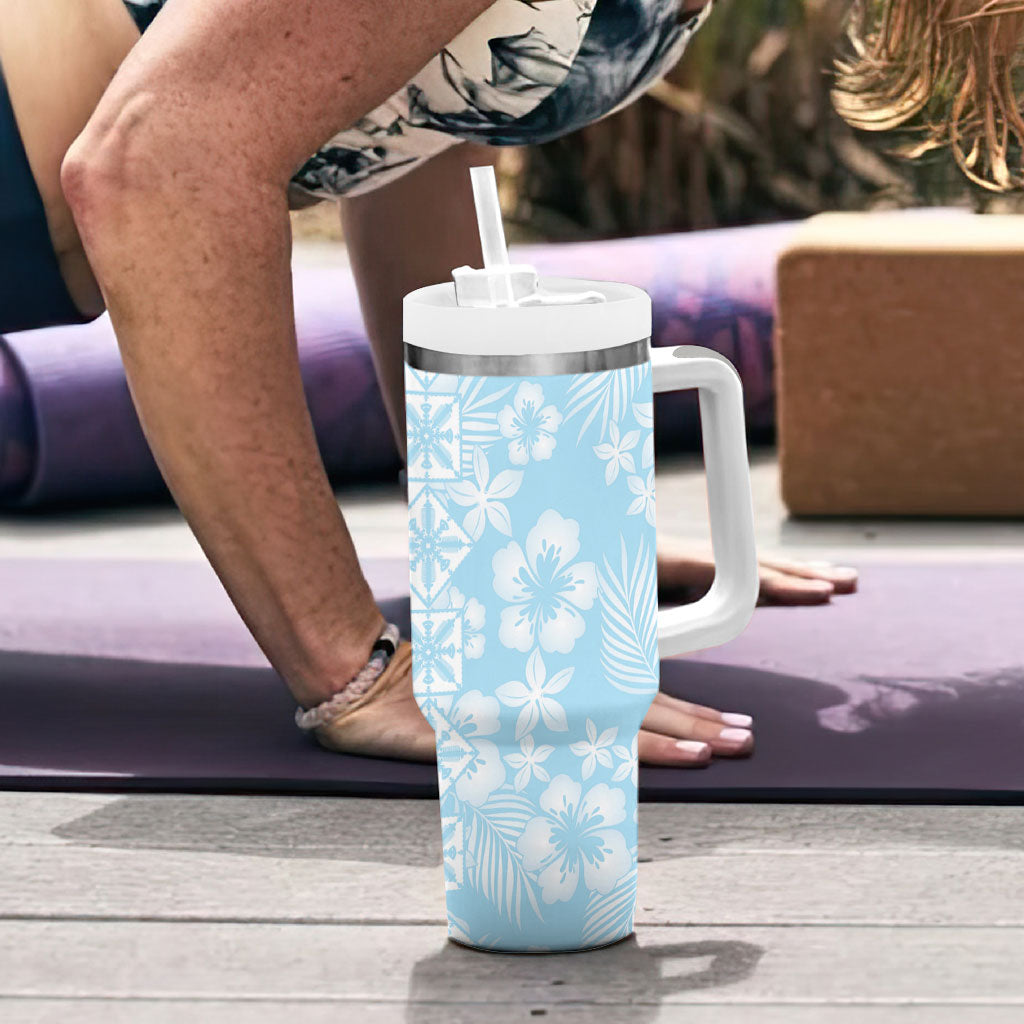 Pastel Blue Kahili Quilt Hawaii Tumbler With Handle Tropical Flower Seamless Half Style