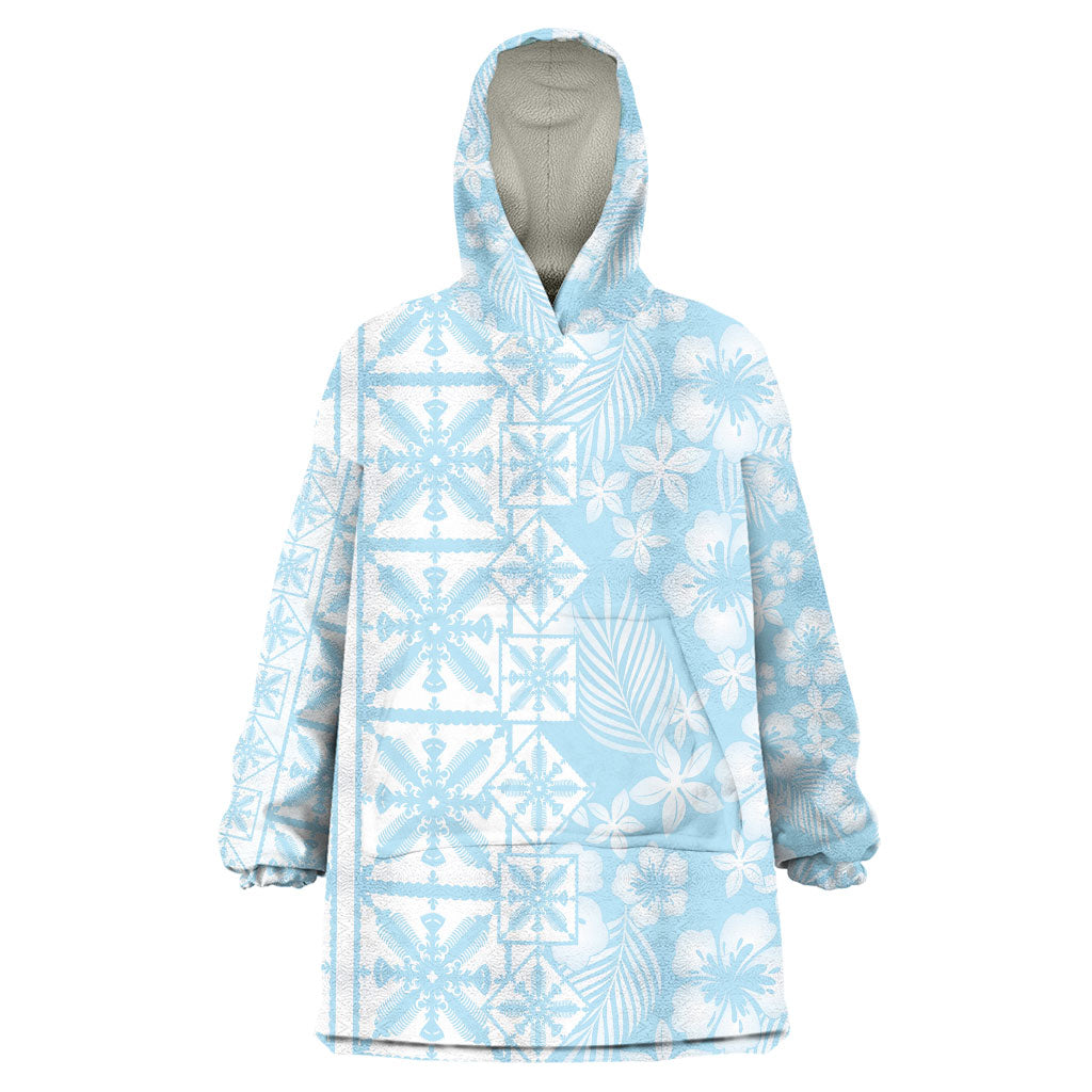 Pastel Blue Kahili Quilt Hawaii Wearable Blanket Hoodie Tropical Flower Seamless Half Style LT14 One Size Blue - Polynesian Pride