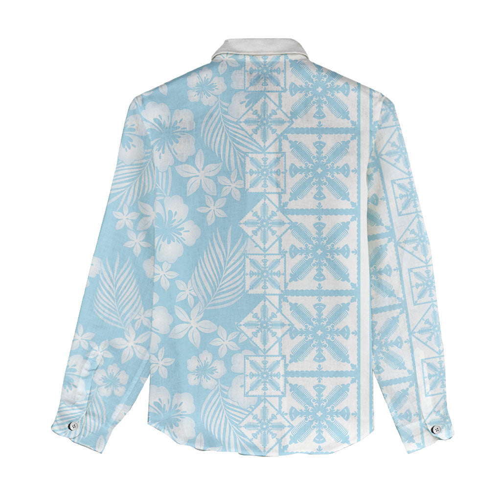 Pastel Blue Kahili Quilt Hawaii Women Casual Shirt Tropical Flower Seamless Half Style