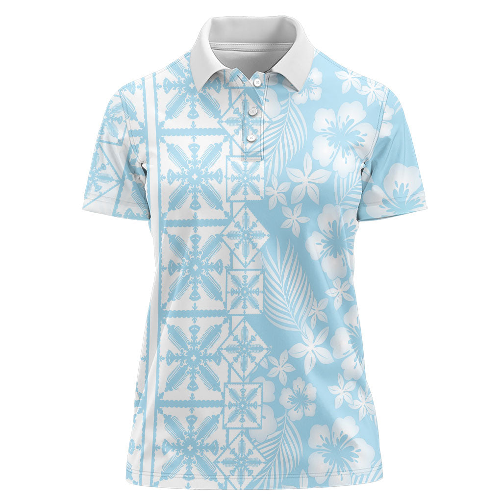 Pastel Blue Kahili Quilt Hawaii Women Polo Shirt Tropical Flower Seamless Half Style