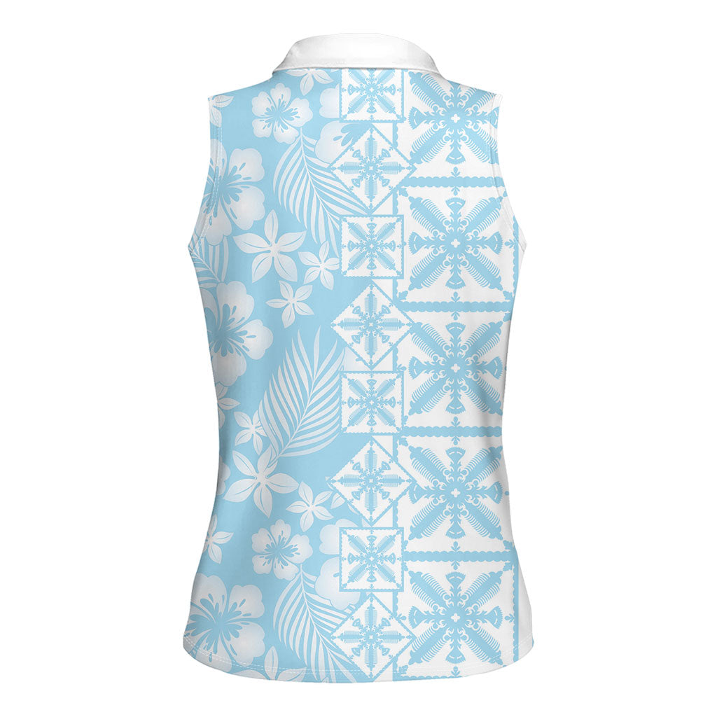 Pastel Blue Kahili Quilt Hawaii Women Sleeveless Polo Shirt Tropical Flower Seamless Half Style