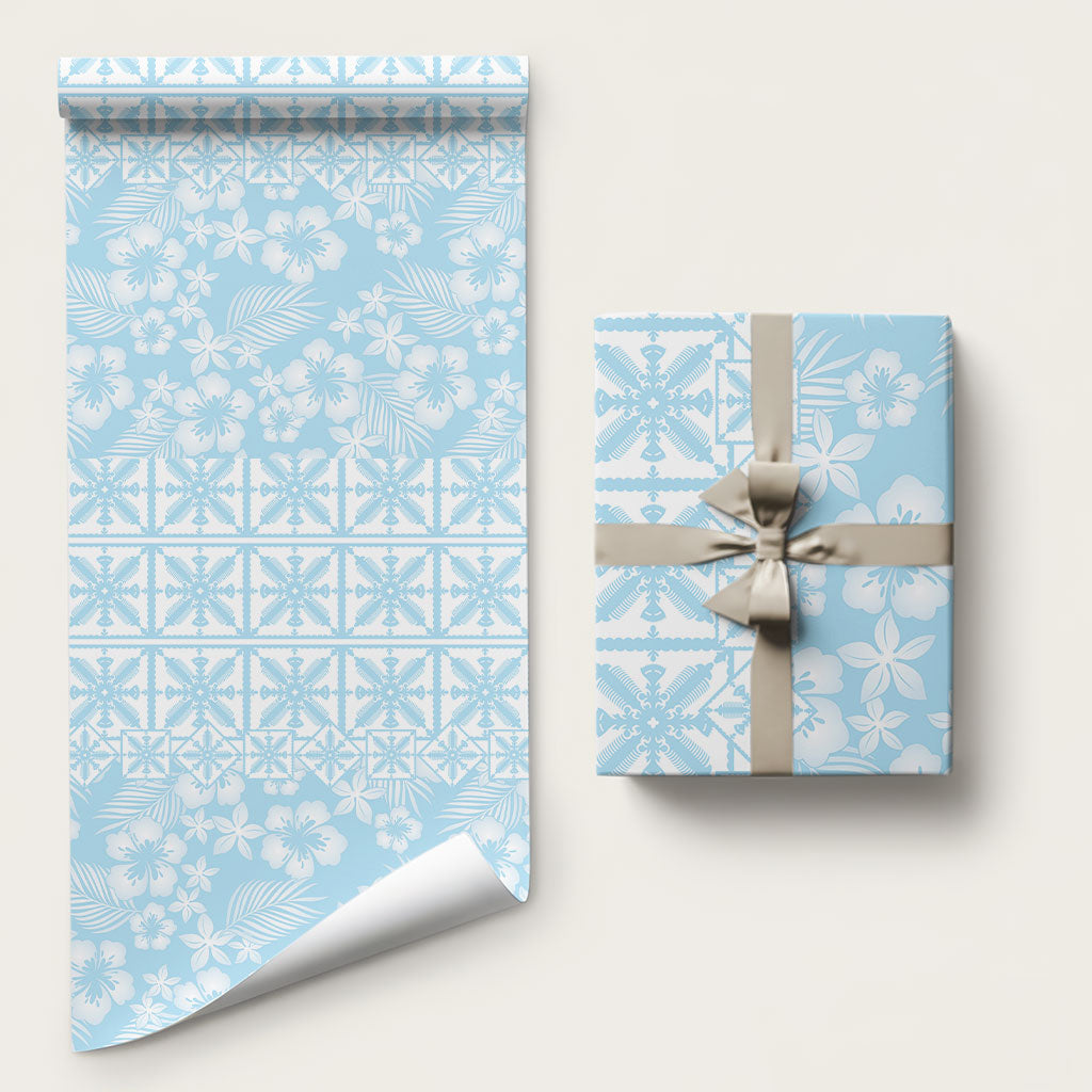 Pastel Blue Kahili Quilt Hawaii Wrapping Paper Tropical Flower Seamless Half Style LT14 58" × 23" Blue - Polynesian Pride