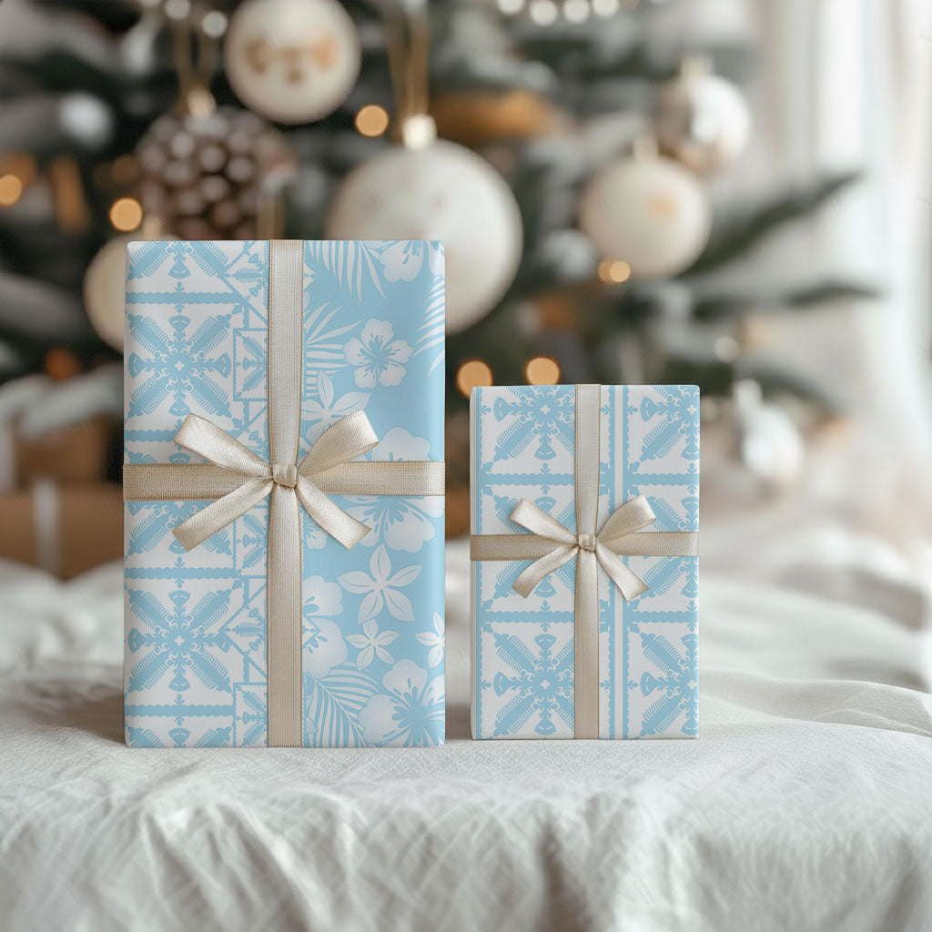 Pastel Blue Kahili Quilt Hawaii Wrapping Paper Tropical Flower Seamless Half Style