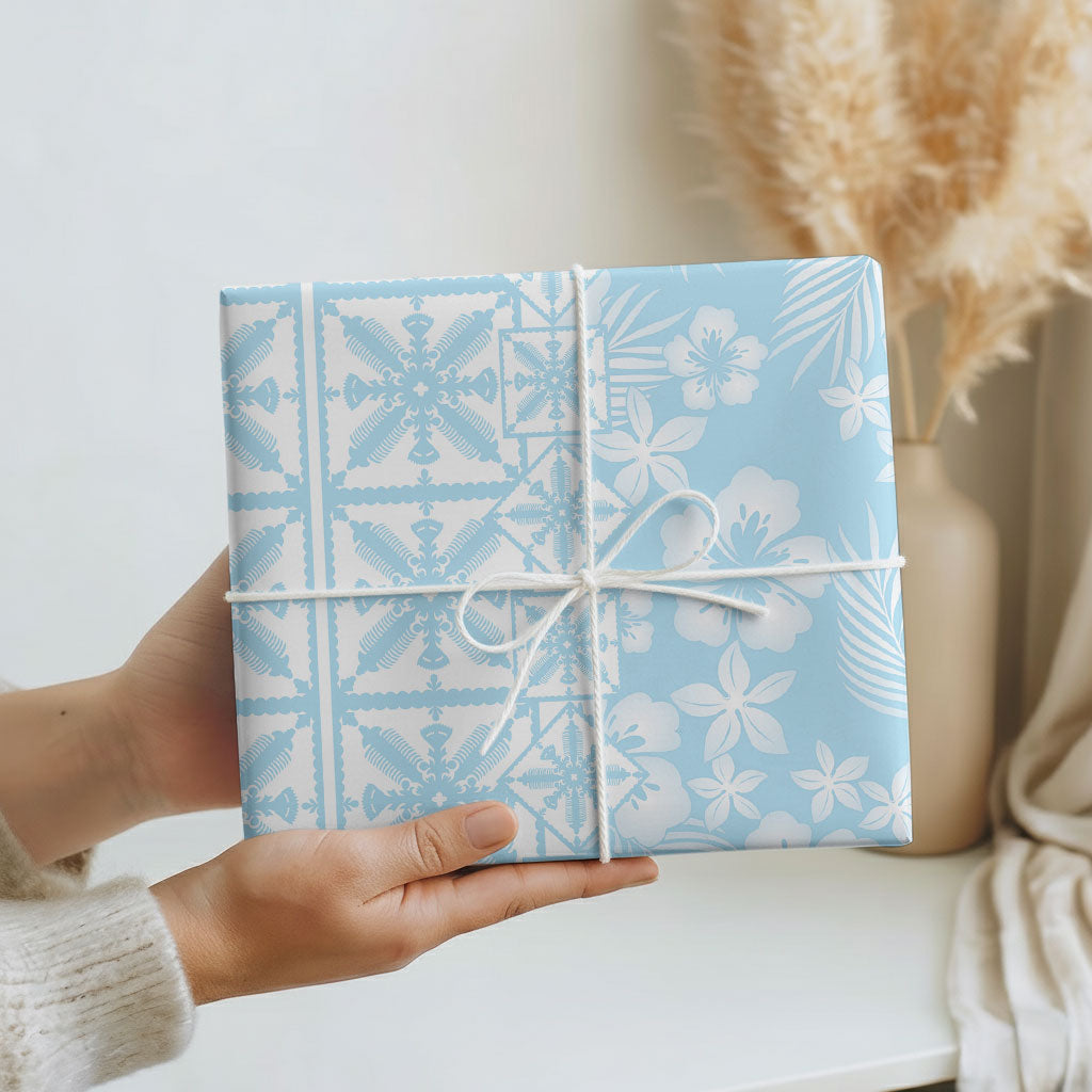 Pastel Blue Kahili Quilt Hawaii Wrapping Paper Tropical Flower Seamless Half Style