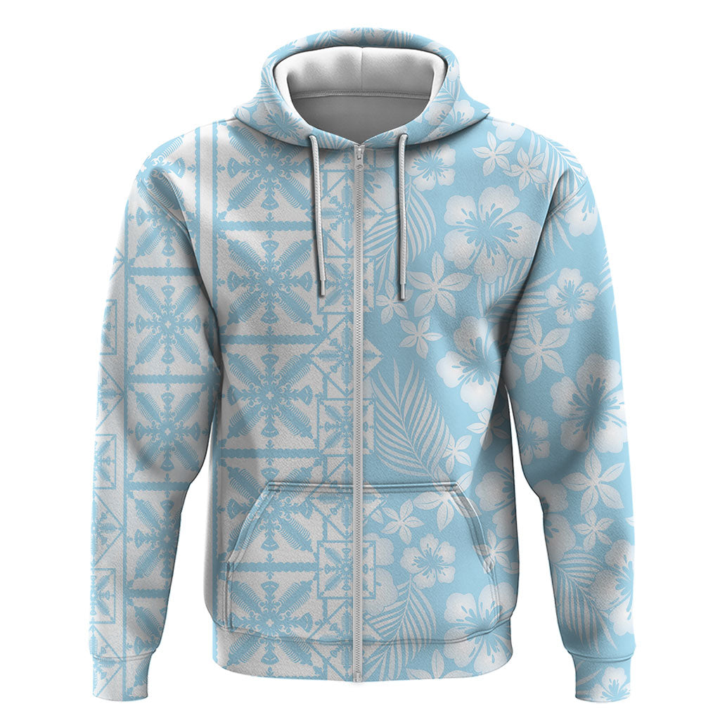 Pastel Blue Kahili Quilt Hawaii Zip Hoodie Tropical Flower Seamless Half Style LT14 Zip Hoodie Blue - Polynesian Pride