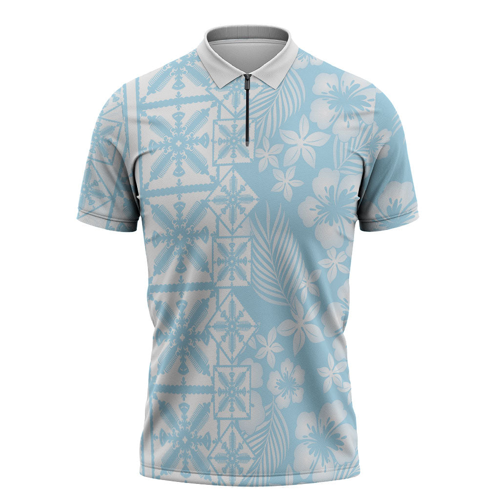 Pastel Blue Kahili Quilt Hawaii Zipper Polo Shirt Tropical Flower Seamless Half Style