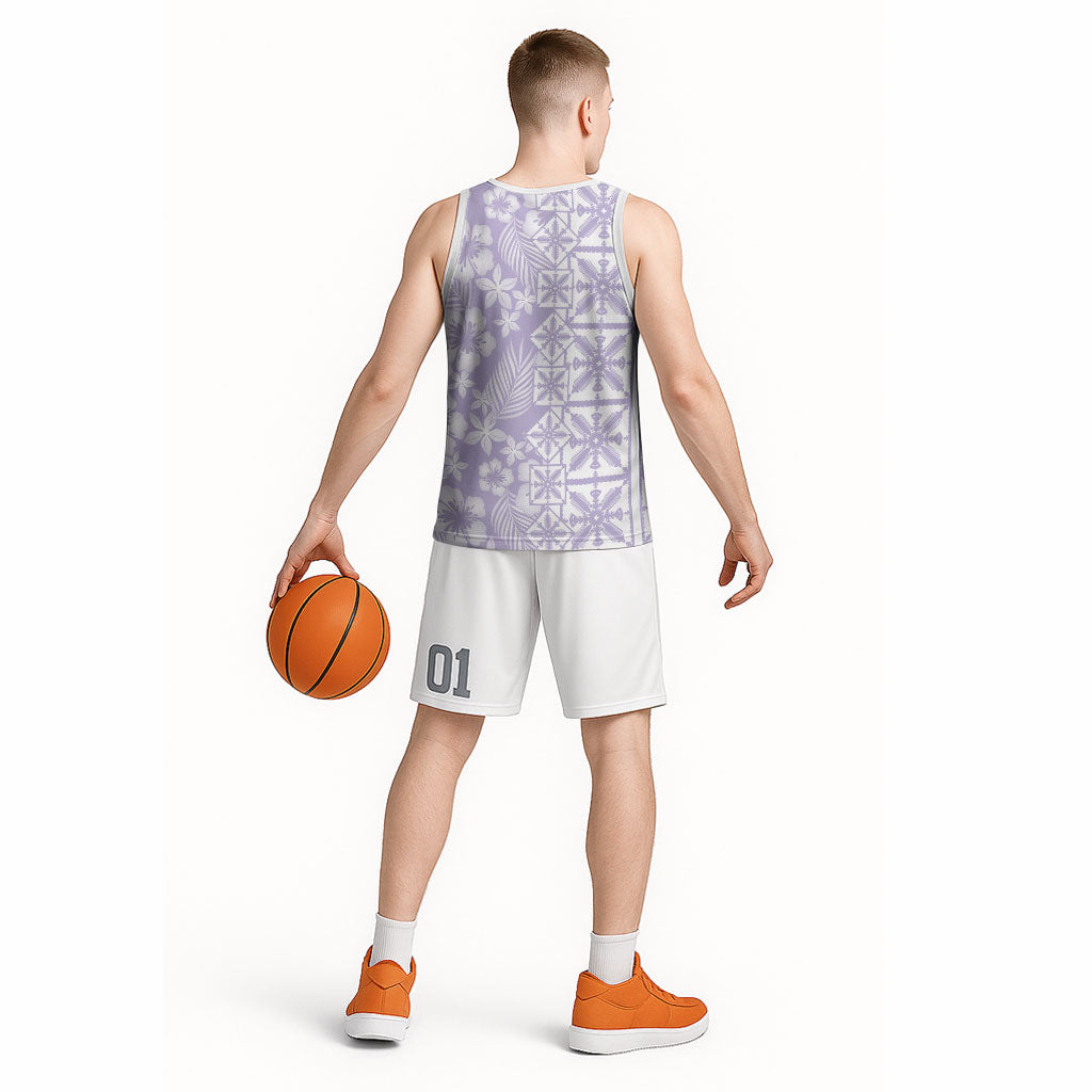 Pastel Purple Kahili Quilt Hawaii Basketball Jersey Tropical Flower Seamless Half Style