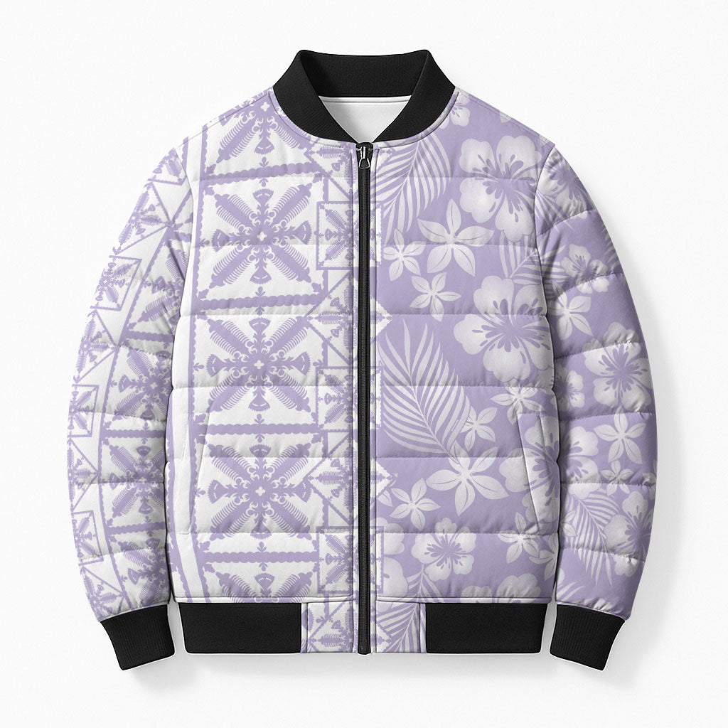 Pastel Purple Kahili Quilt Hawaii Bomber Puffer Jacket Tropical Flower Seamless Half Style