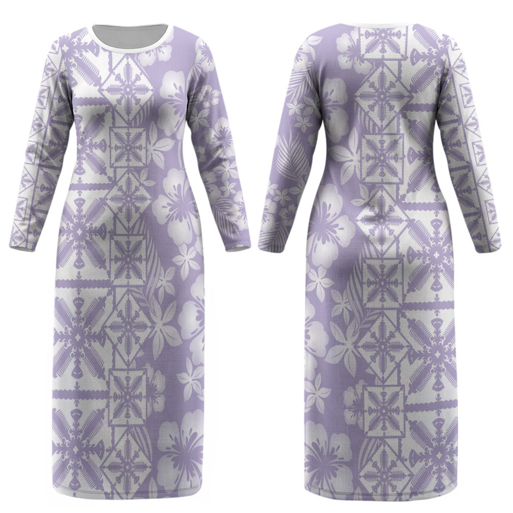 Pastel Purple Kahili Quilt Hawaii Couples Matching Long Sleeve Bodycon Dress and Long Sleeve Button Shirt Tropical Flower Seamless Half Style LT14 - Polynesian Pride