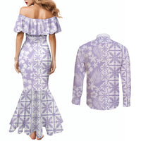 Pastel Purple Kahili Quilt Hawaii Couples Matching Mermaid Dress and Long Sleeve Button Shirt Tropical Flower Seamless Half Style
