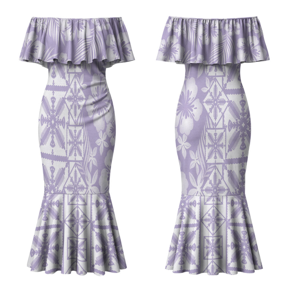 Pastel Purple Kahili Quilt Hawaii Couples Matching Mermaid Dress and Long Sleeve Button Shirt Tropical Flower Seamless Half Style LT14 - Polynesian Pride