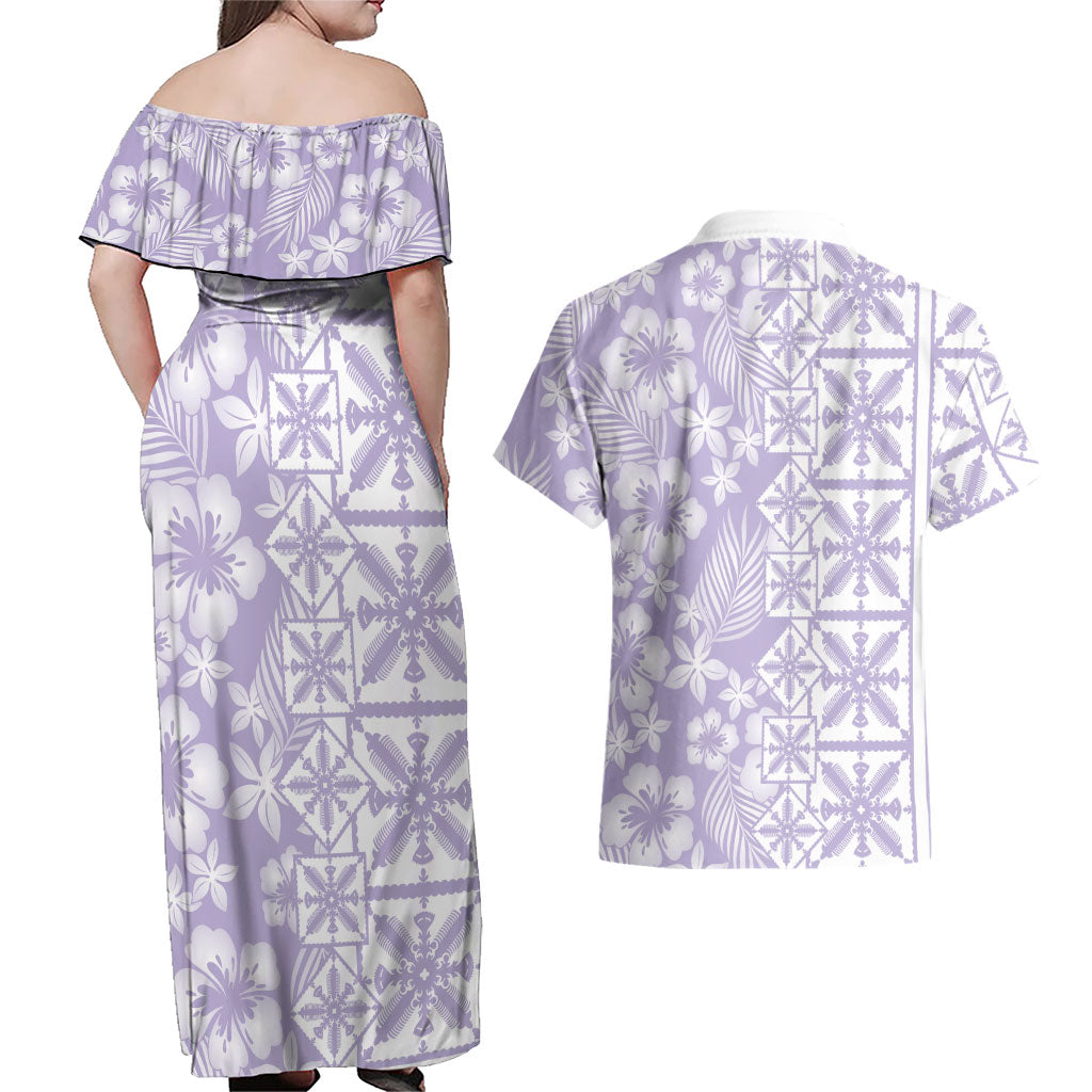 Pastel Purple Kahili Quilt Hawaii Couples Matching Off Shoulder Maxi Dress and Hawaiian Shirt Tropical Flower Seamless Half Style