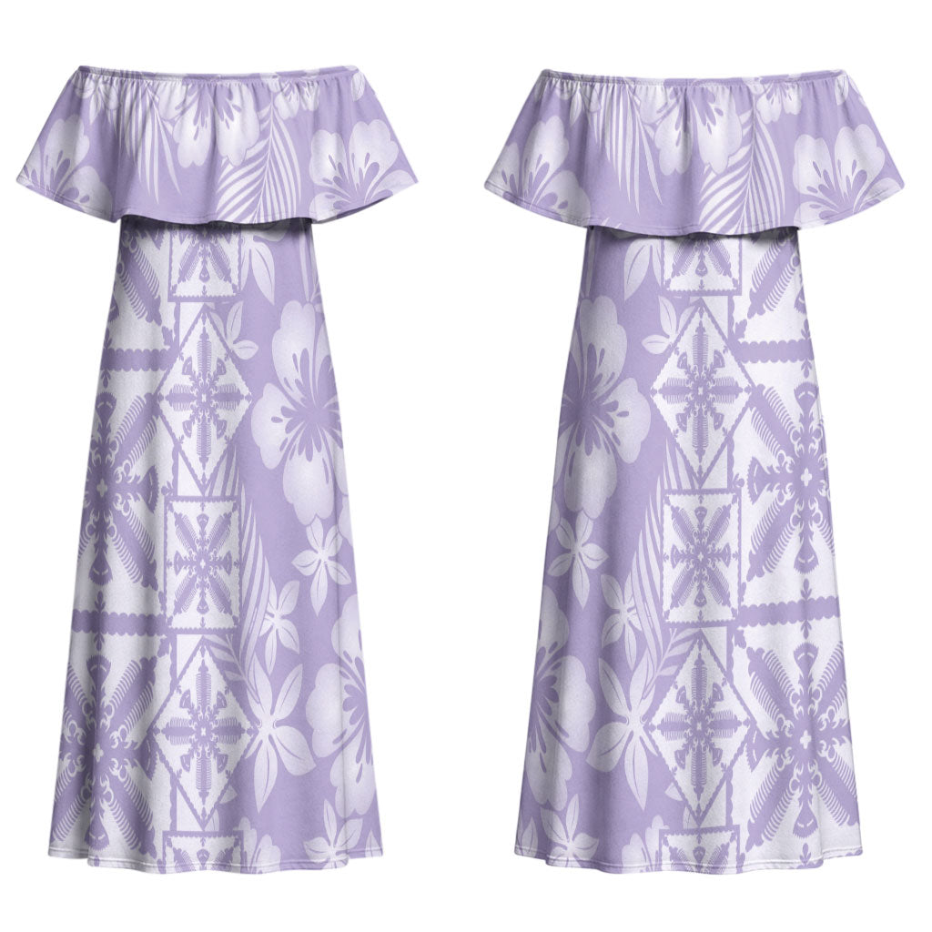 Pastel Purple Kahili Quilt Hawaii Couples Matching Off Shoulder Maxi Dress and Long Sleeve Button Shirt Tropical Flower Seamless Half Style LT14 - Polynesian Pride