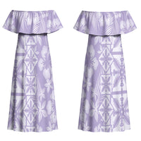 Pastel Purple Kahili Quilt Hawaii Couples Matching Off Shoulder Maxi Dress and Long Sleeve Button Shirt Tropical Flower Seamless Half Style LT14 - Polynesian Pride