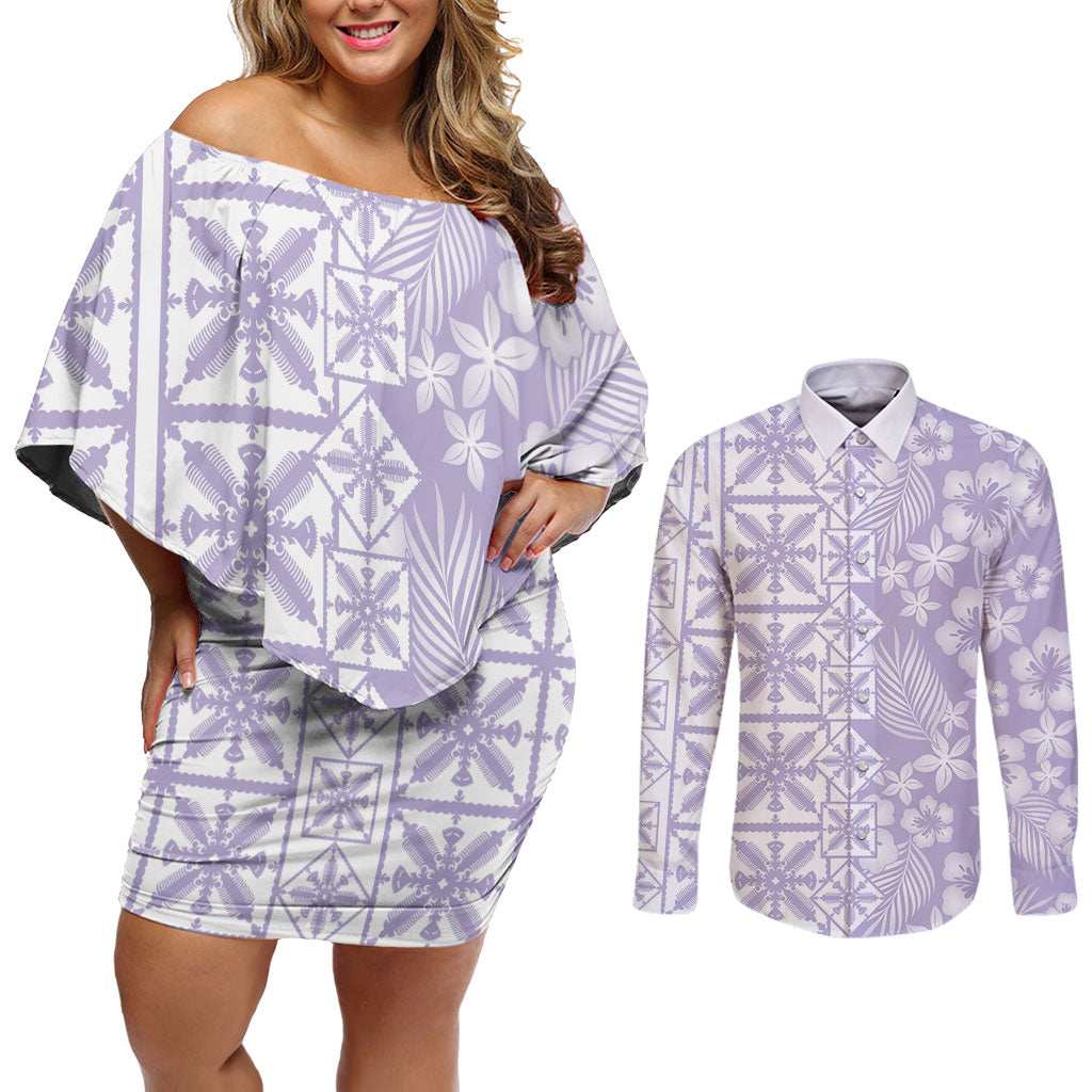 Pastel Purple Kahili Quilt Hawaii Couples Matching Off Shoulder Short Dress and Long Sleeve Button Shirt Tropical Flower Seamless Half Style LT14 Purple - Polynesian Pride