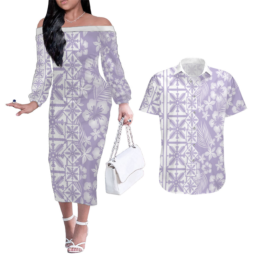 Pastel Purple Kahili Quilt Hawaii Couples Matching Off The Shoulder Long Sleeve Dress and Hawaiian Shirt Tropical Flower Seamless Half Style