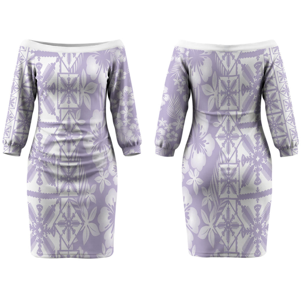 Pastel Purple Kahili Quilt Hawaii Couples Matching Off The Shoulder Long Sleeve Dress and Hawaiian Shirt Tropical Flower Seamless Half Style LT14 - Polynesian Pride