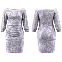 Pastel Purple Kahili Quilt Hawaii Couples Matching Off The Shoulder Long Sleeve Dress and Long Sleeve Button Shirt Tropical Flower Seamless Half Style LT14 - Polynesian Pride