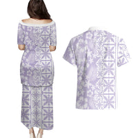 Pastel Purple Kahili Quilt Hawaii Couples Matching Puletasi and Hawaiian Shirt Tropical Flower Seamless Half Style