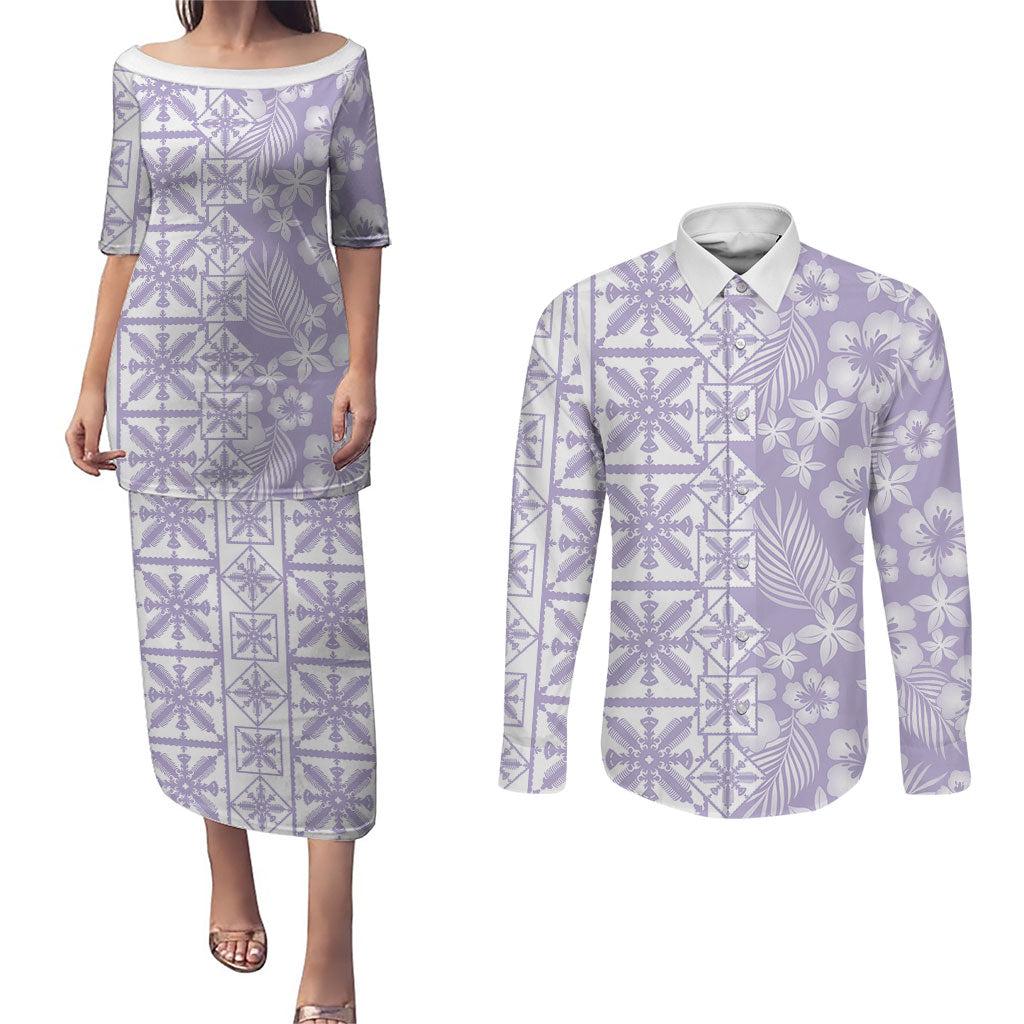 Pastel Purple Kahili Quilt Hawaii Couples Matching Puletasi and Long Sleeve Button Shirt Tropical Flower Seamless Half Style LT14 Purple - Polynesian Pride