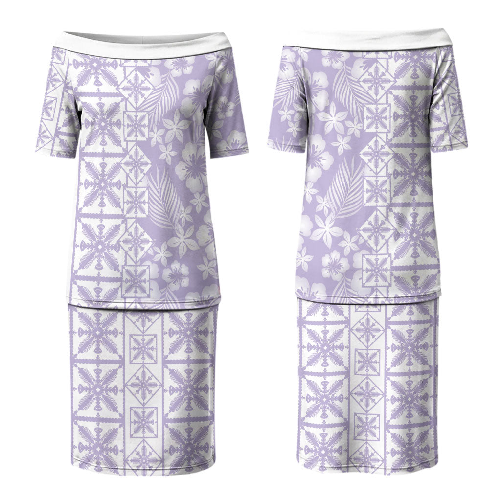 Pastel Purple Kahili Quilt Hawaii Couples Matching Puletasi and Long Sleeve Button Shirt Tropical Flower Seamless Half Style LT14 - Polynesian Pride